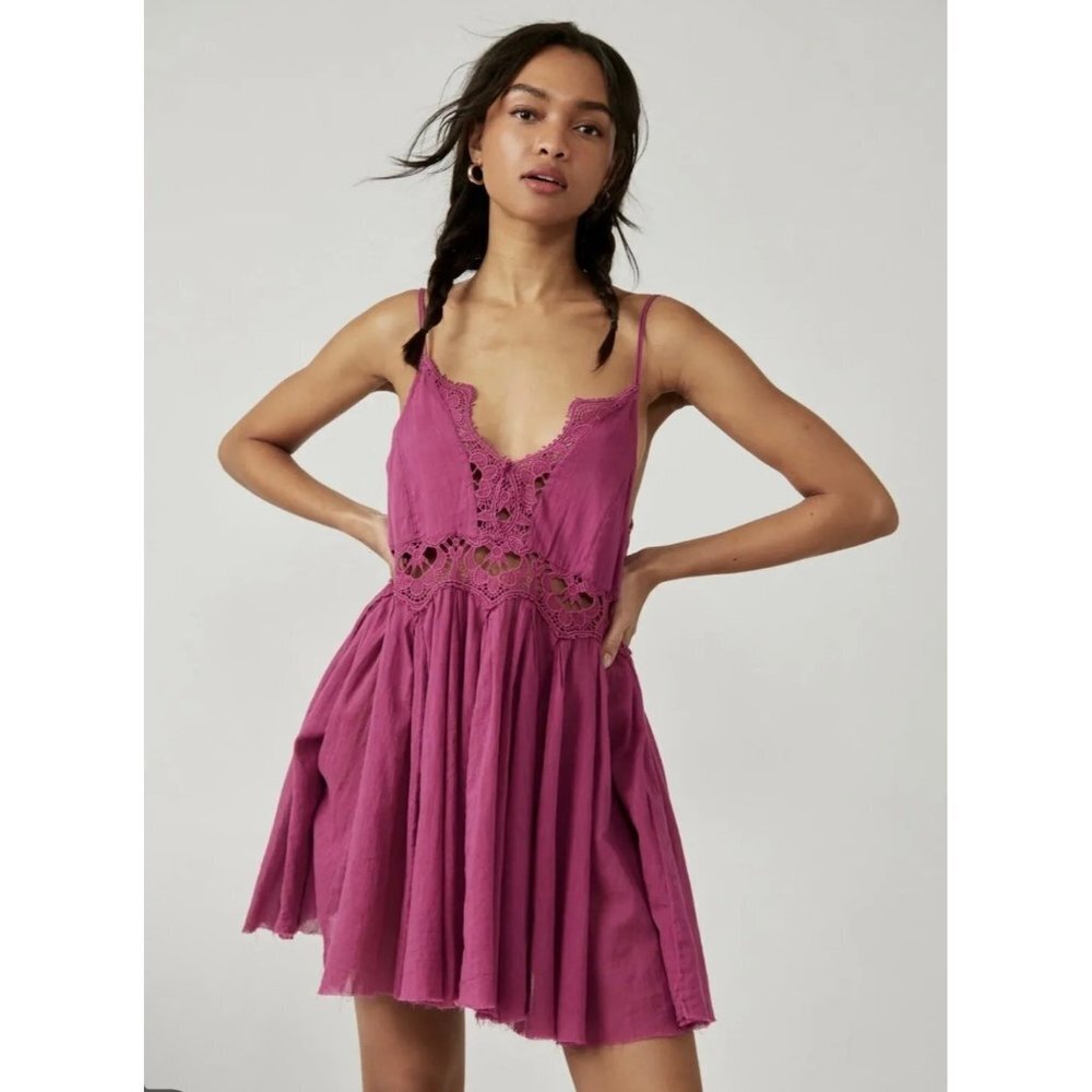 Free People Ilektra Slip Mini Dress Dahlia Mauve Magenta Boho Coquette X…